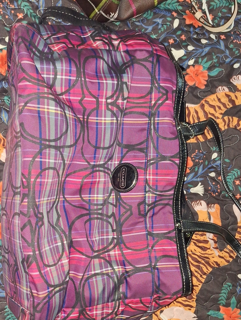 Coach Pink & Purple Plaid Signature Diaper Bag